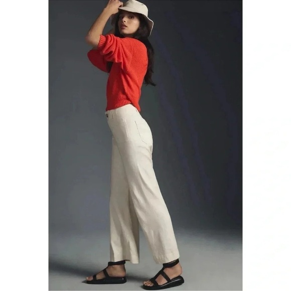 Anthropologie Maeve The Colette Linen Cropped Wide Leg Pants Cream 26 - Picture 11 of 12